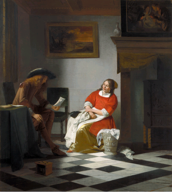 Man die een brief voorleest aan een vrouw Pieter de Hooch